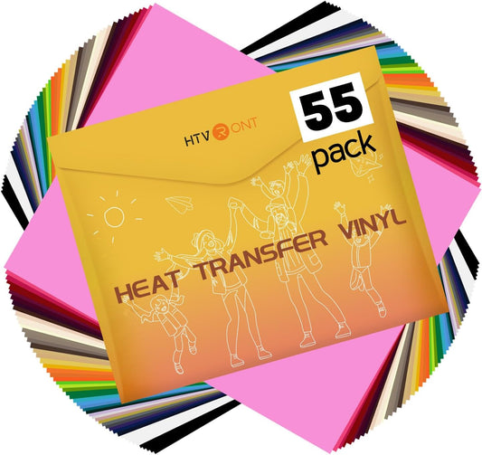 Heat Transfer Vinyl - 55 Pack 12" X 10" Iron on Vinyl Compatible with Cricut Cutting Machine, 44 Assorted Colors HTV Vinyl with 1 PTFE Sheet for All Cutter Machine - Easy to Cut & Weed