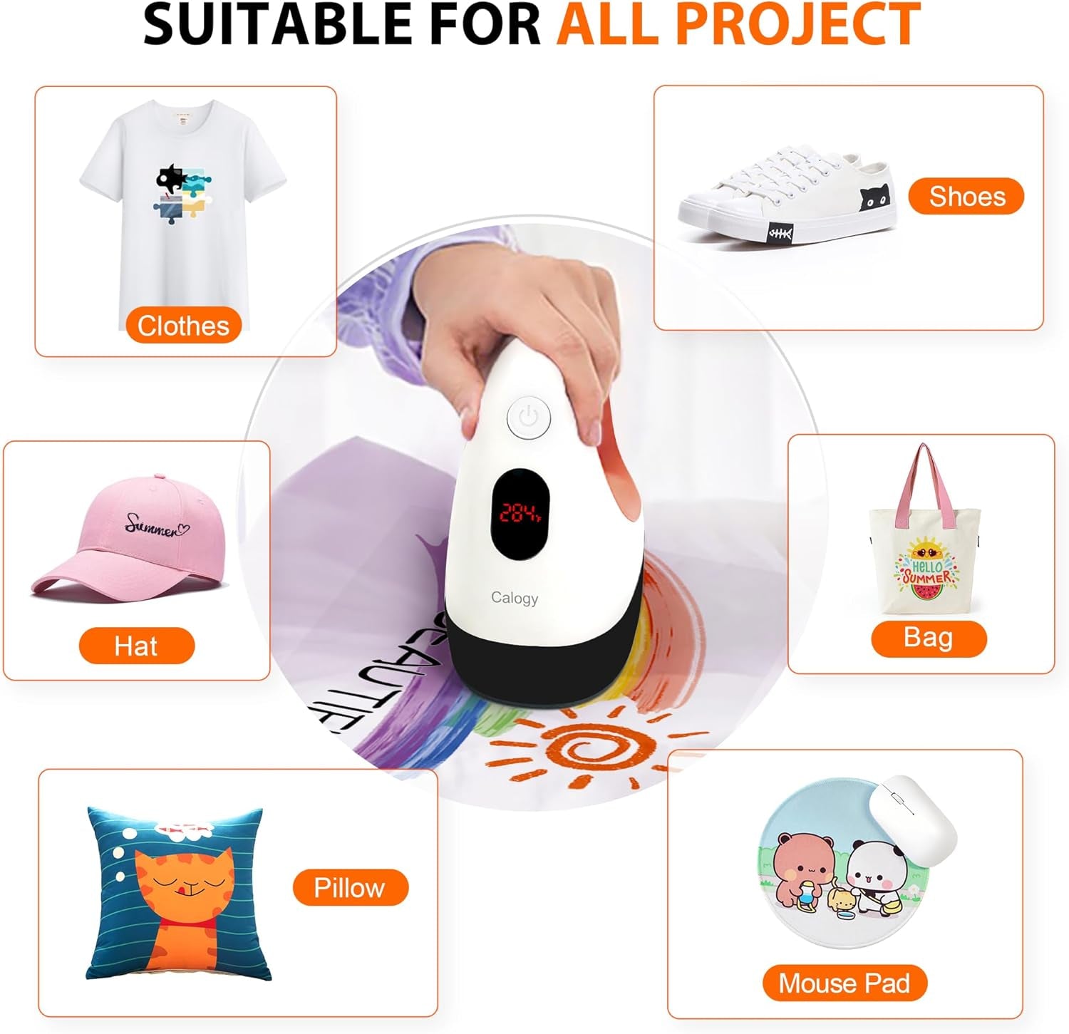 Calogy Mini Heat Press, Heat Transfer Machine, Constant Temp Control, Insulated Safety Base, Fits for Crafts, T-Shirt, Hat, Cap, Pillows (White Orange)