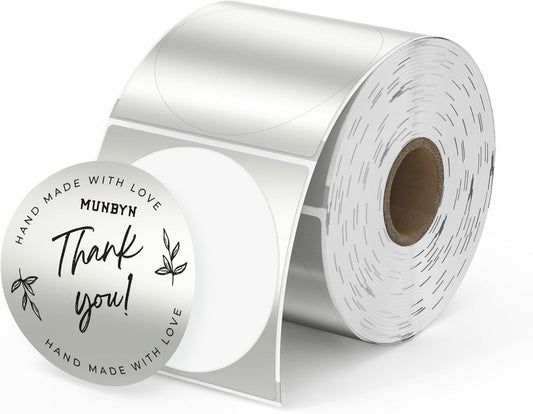 MUNBYN 2 Inch Circle Thermal Sticker Labels Silver, Self-Adhesive Direct round Thermal Printer Labels for DIY Logo Design, QR Code, 500 Sheets/Roll