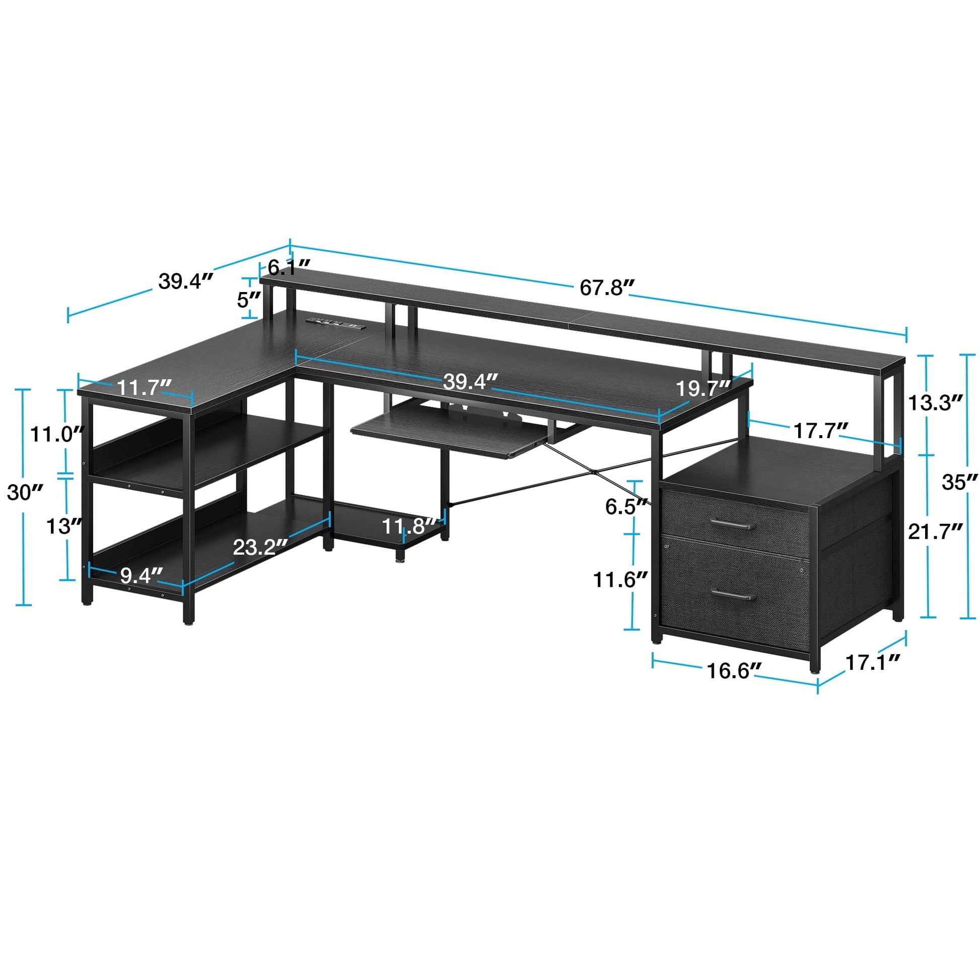66" Reversible L Shaped Desk with File Drawer & Power Outlet, Modern Computer Desk with Keyboard Tray & LED Strip, Office Table with Storage Shelves, Gaming Desk with Monitor Shelf, Black