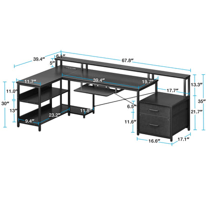 66" Reversible L Shaped Desk with File Drawer & Power Outlet, Modern Computer Desk with Keyboard Tray & LED Strip, Office Table with Storage Shelves, Gaming Desk with Monitor Shelf, Black