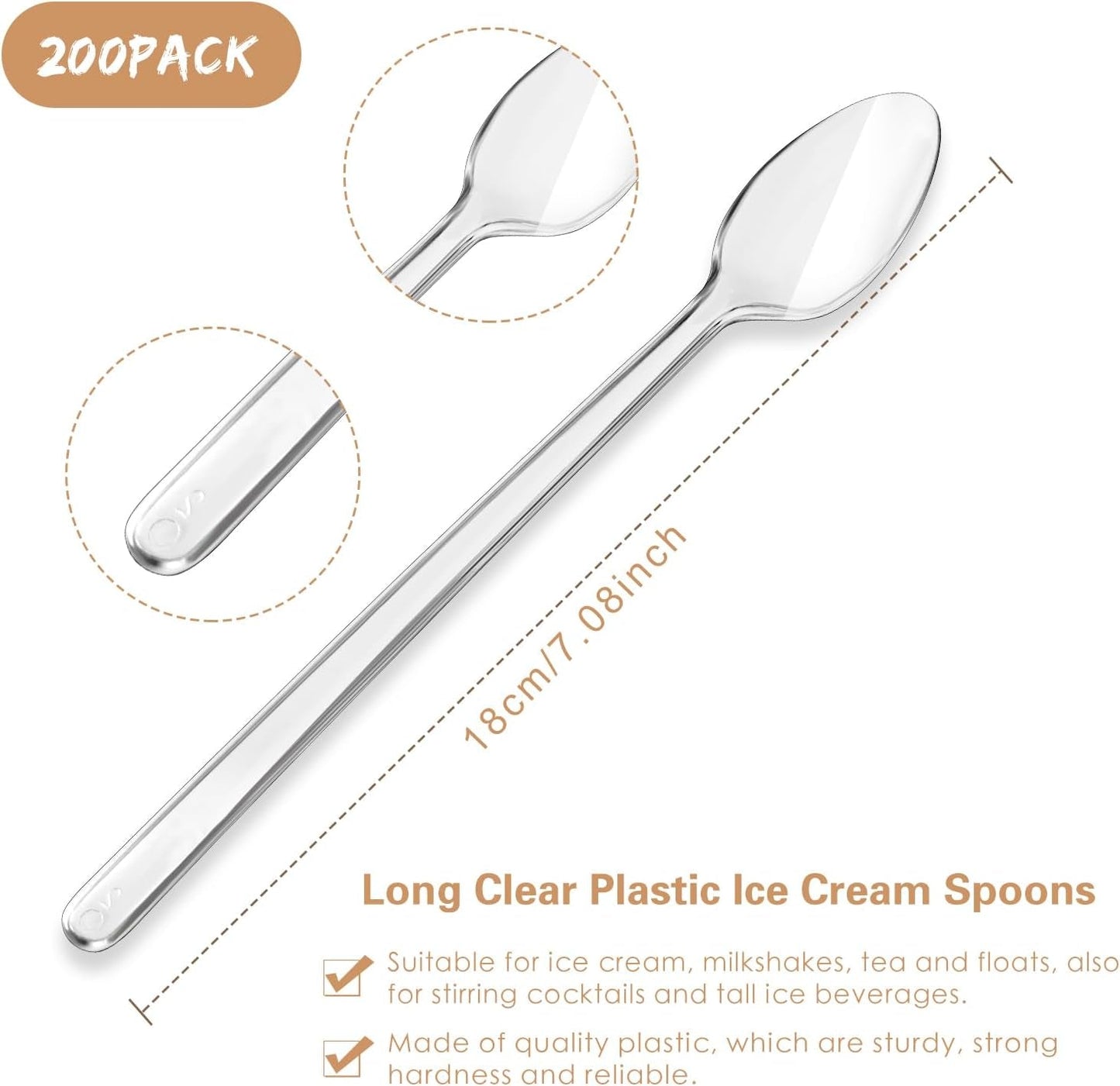 Long Handle Spoon 200 Pcs Clear Plastic Ice Cream Spoons 7.08 Inch Heavy Duty Sundae Spoons for Ice Cream Floats, Milkshakes, Tea, Stirring Cocktails and Tall Beverages