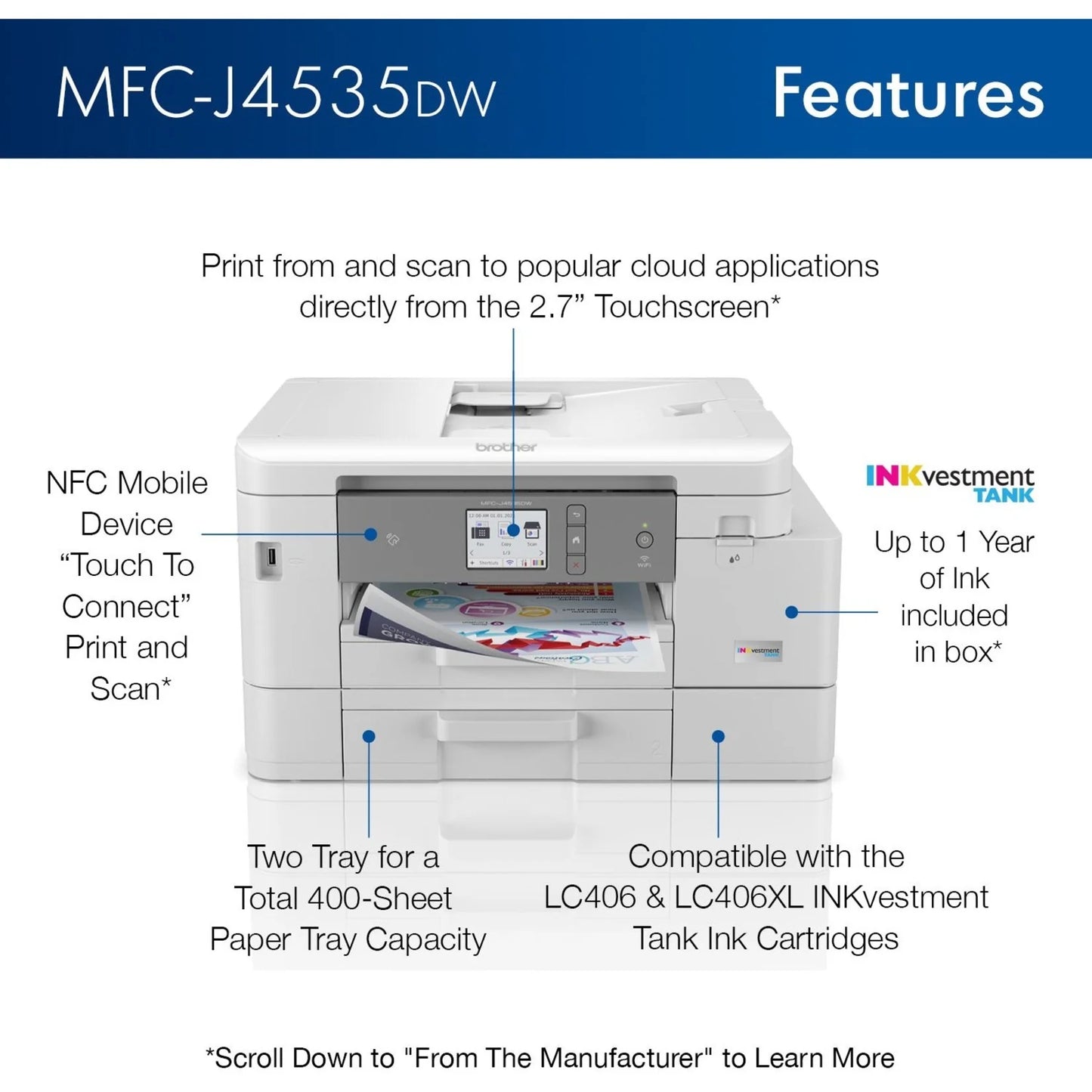 MFC-J4535DW Inkvestment Tank Color Inkjet All-In-One Printer, Wireless, Duplex Printing, up to 1-Year of Ink Included