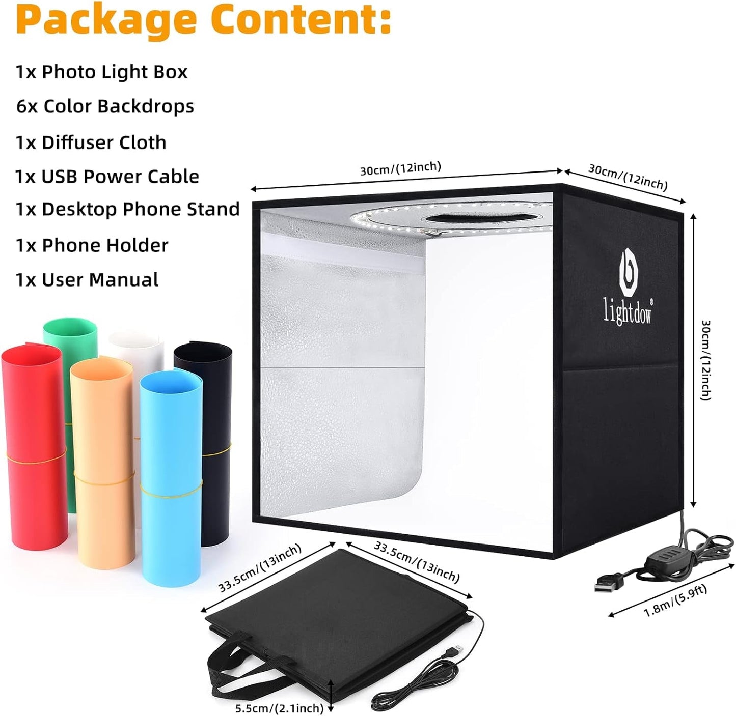 Lightdow 12"X12"X12" Photo Studio Light Box Photography with Desktop Tripod & 120 Leds (CRI>95), 6 Backdrops - Portable/Dimmable Folding Shooting Tents for Toys/Jewelry/Watches/Cosmetics