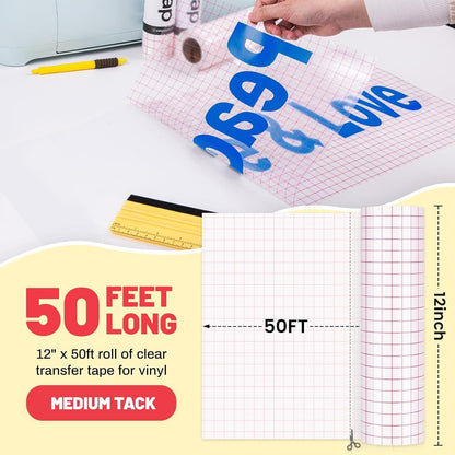 Clear Vinyl Transfer Tape for Vinyl -12" X 50 FT W/Red Alignment Grid Transfer Paper, Medium Tack for Decals, Signs Stickers,Home Decor