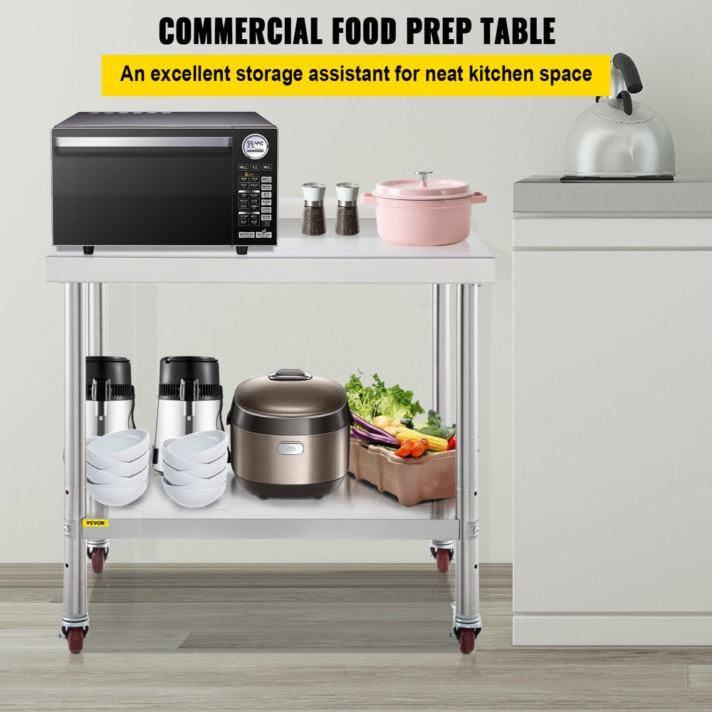 Stainless Steel Prep Table, 24 X 15 X 35 Inch, 440Lbs Load Capacity Heavy Duty Metal Worktable with Backsplash Adjustable Undershelf & 4 Casters, Commercial Workstation for Kitchen Restaurant