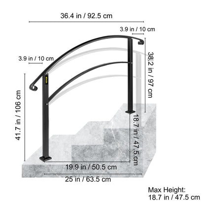 brand 1-3 Step Handrail Rackable to a Range of 0°To 45°Matte Black Stair Rail Wrought Iron Handrail with Installation Kit Hand Rails for Outdoor Steps