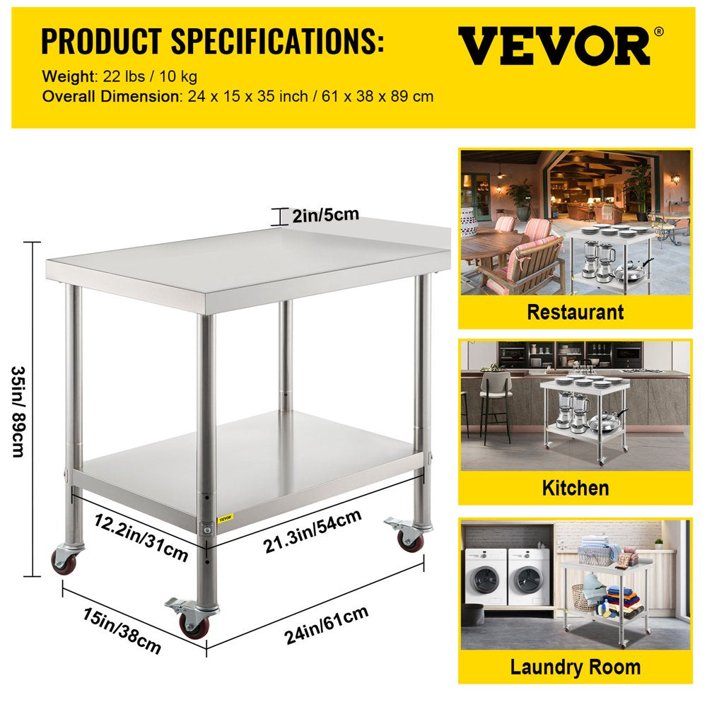 Stainless Steel Prep Table, 24 X 15 X 35 Inch, 440Lbs Load Capacity Heavy Duty Metal Worktable with Backsplash Adjustable Undershelf & 4 Casters, Commercial Workstation for Kitchen Restaurant