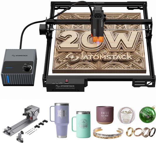 ATOMSTACK 20W A20 PRO V2 Laser Engraver with Auto Air Assist & R8 Rotary Chuck, 0.06Mm High Accuracy Laser Cutter for Wood, Metal, Acrylic and Glass, Professional DIY Laser Engraving Machine