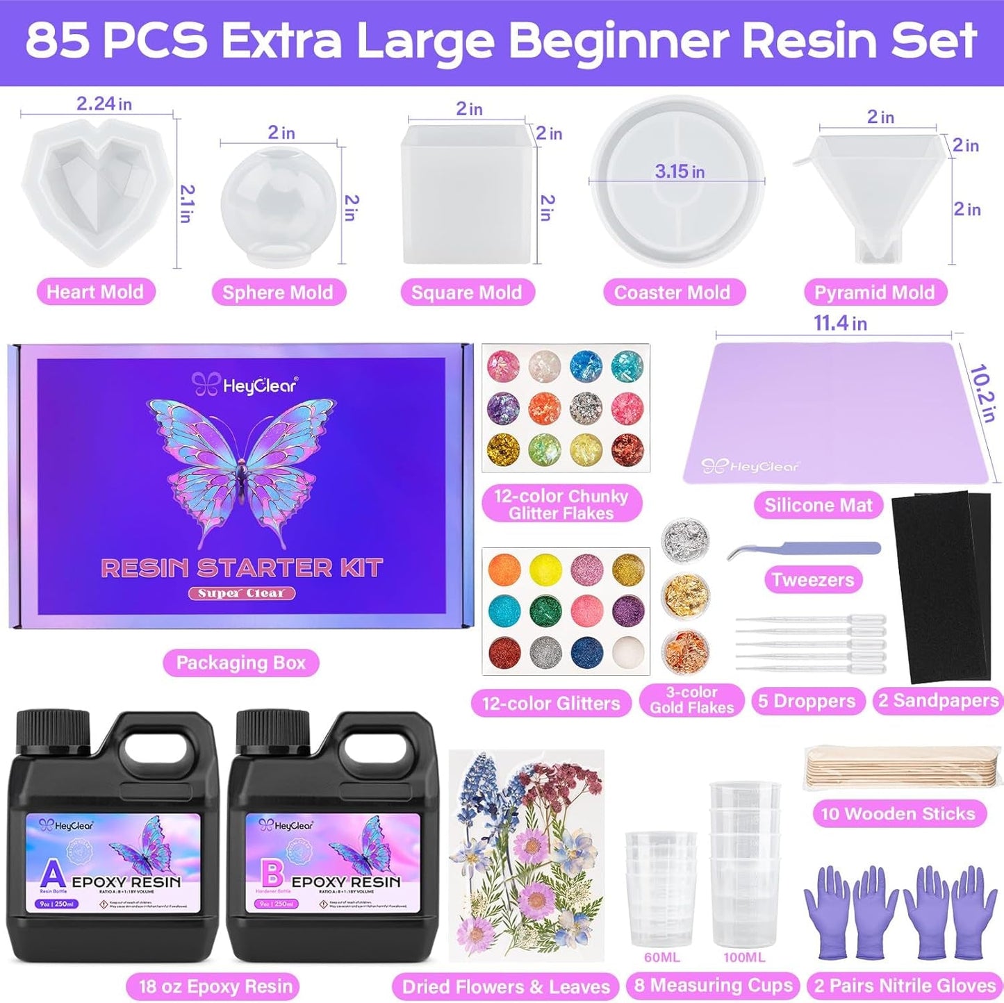 Heyclear Epoxy Resin Kit with Molds for Beginners -18 Oz Super Clear and Hard Resina Complete Craft Supplies Set for Starter Casting Arts Crafts for Adults, DIY Creation Gifts