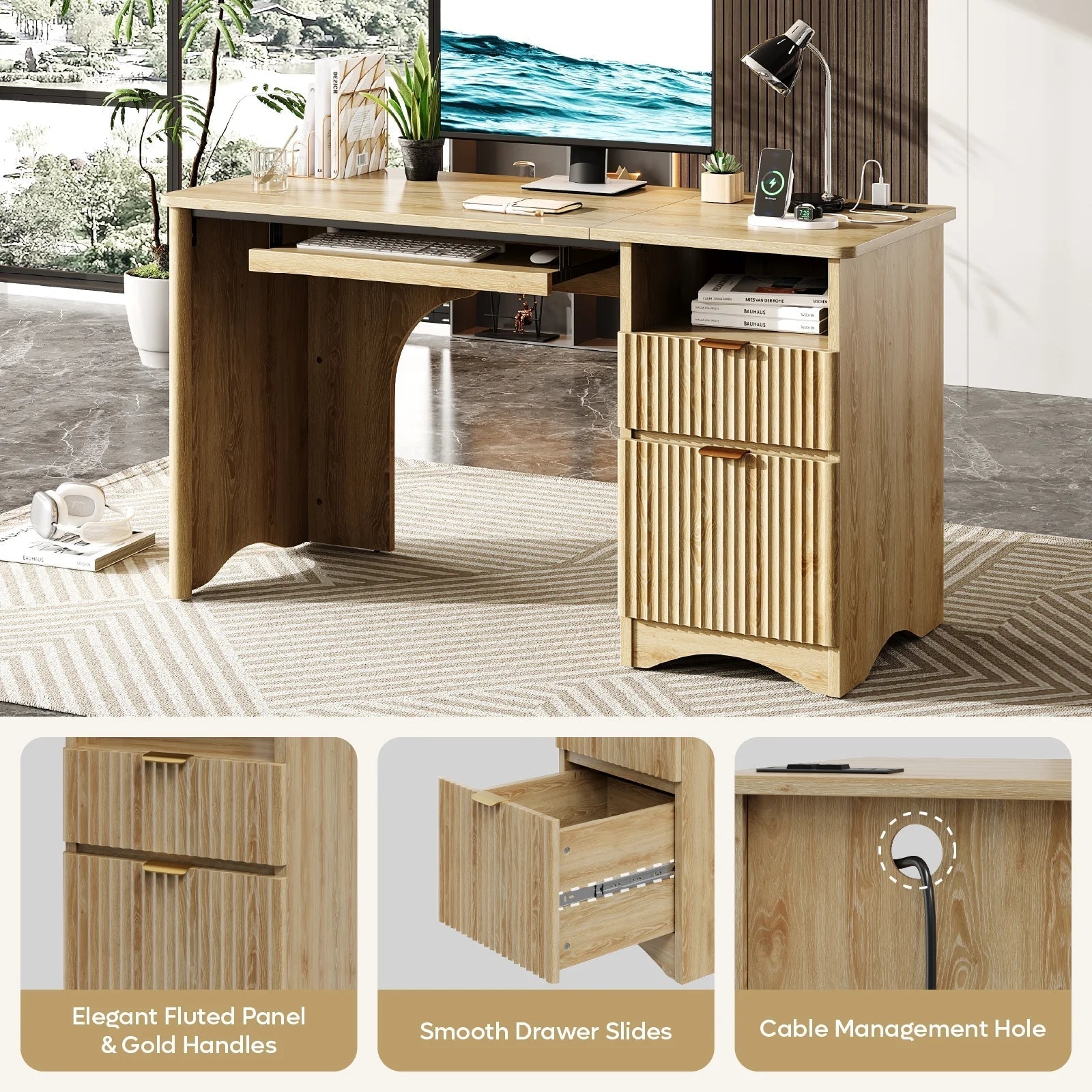 55" Computer Writing PC Desk Home Office with Power Outlets Keyboard Tray and Storage Drawers, Log