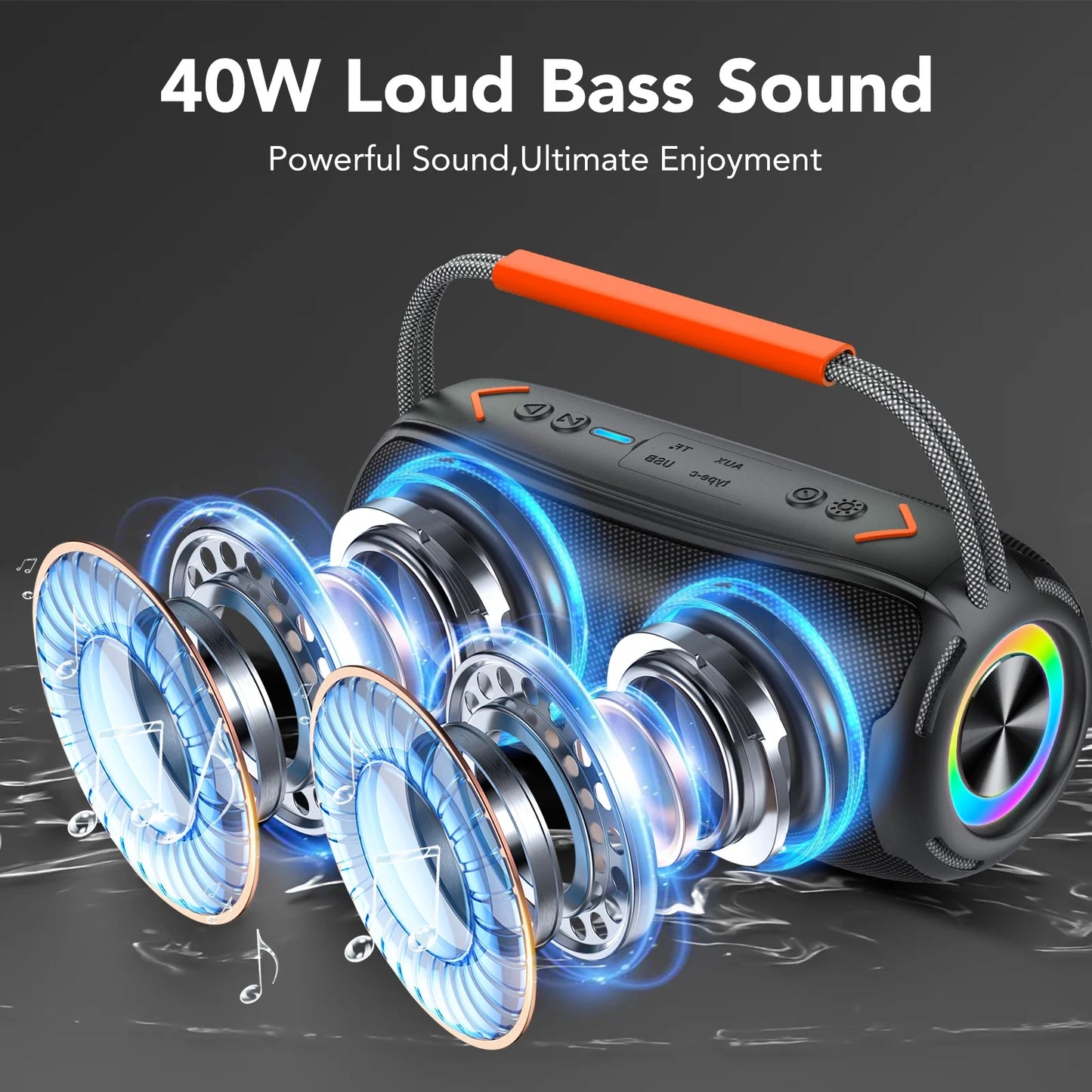 Bluetooth Speaker, Wireless Ultra Bluetooth Speaker with 66Mm Drivers, 4000Mah Battery 24Hrs Playtime, RGB Lights, BT5.4, IP7 Waterproof, AUX, TF Card, Suitable for Home/Party/Outdoor/Beach, Gift