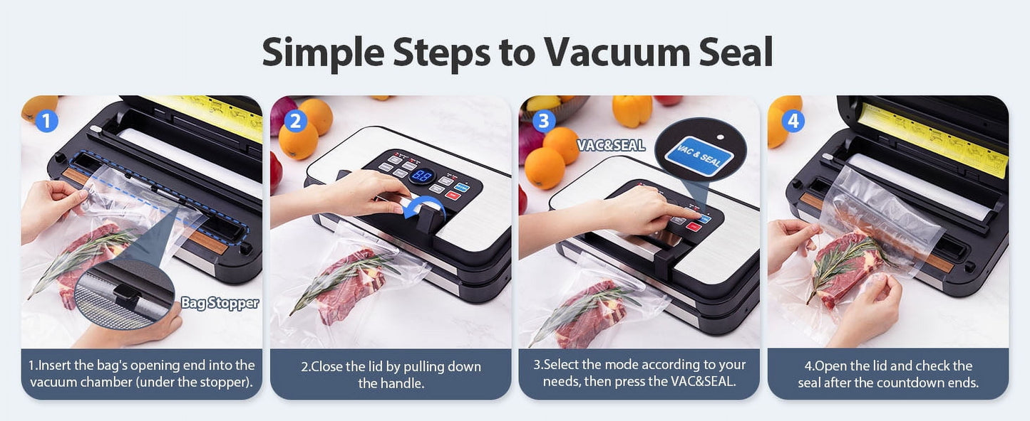 95Kpa Powerful Vacuum Sealer, Aeitto Food Sealer with 10-In-1 Functions, Easy-Lock Handle, Double Heat Seal & Double Pump, for Food with Bags Storage, Built-In Cutter,Stainless Steel