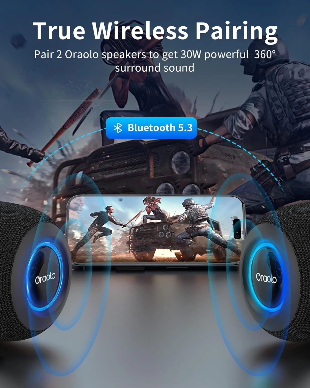 Bluetooth Speaker, IPX7 Waterproof Portable Bluetooth Speaker with 15W Immersive Audio, 30H Playtime, LED Light, Bluetooth 5.3, Support TWS, Wireless Speakers for Outdoor Camping Home