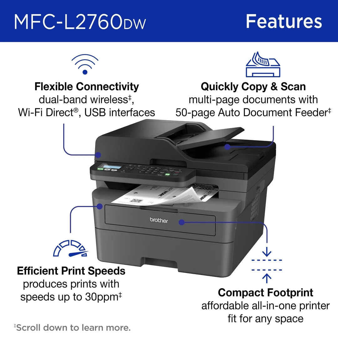 Wireless MFC-L2760DW Compact Monochrome All-In-One Laser Printer with Copy, Scan and Fax, Duplex and Mobile Printing