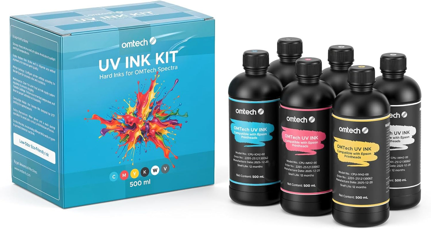 Omtech 500Ml UV Printer Ink Set, 6 Colors CMYK + White + Varnish, Low Odor UV Curable Ink, Compatible with F1080 I1600 XP600 I3200 L1800 L800 R1390 L1300 DX7, for Acrylic Glass Metal