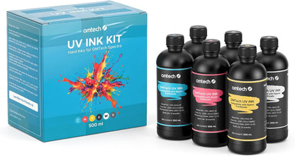 Omtech 500Ml UV Printer Ink Set, 6 Colors CMYK + White + Varnish, Low Odor UV Curable Ink, Compatible with F1080 I1600 XP600 I3200 L1800 L800 R1390 L1300 DX7, for Acrylic Glass Metal
