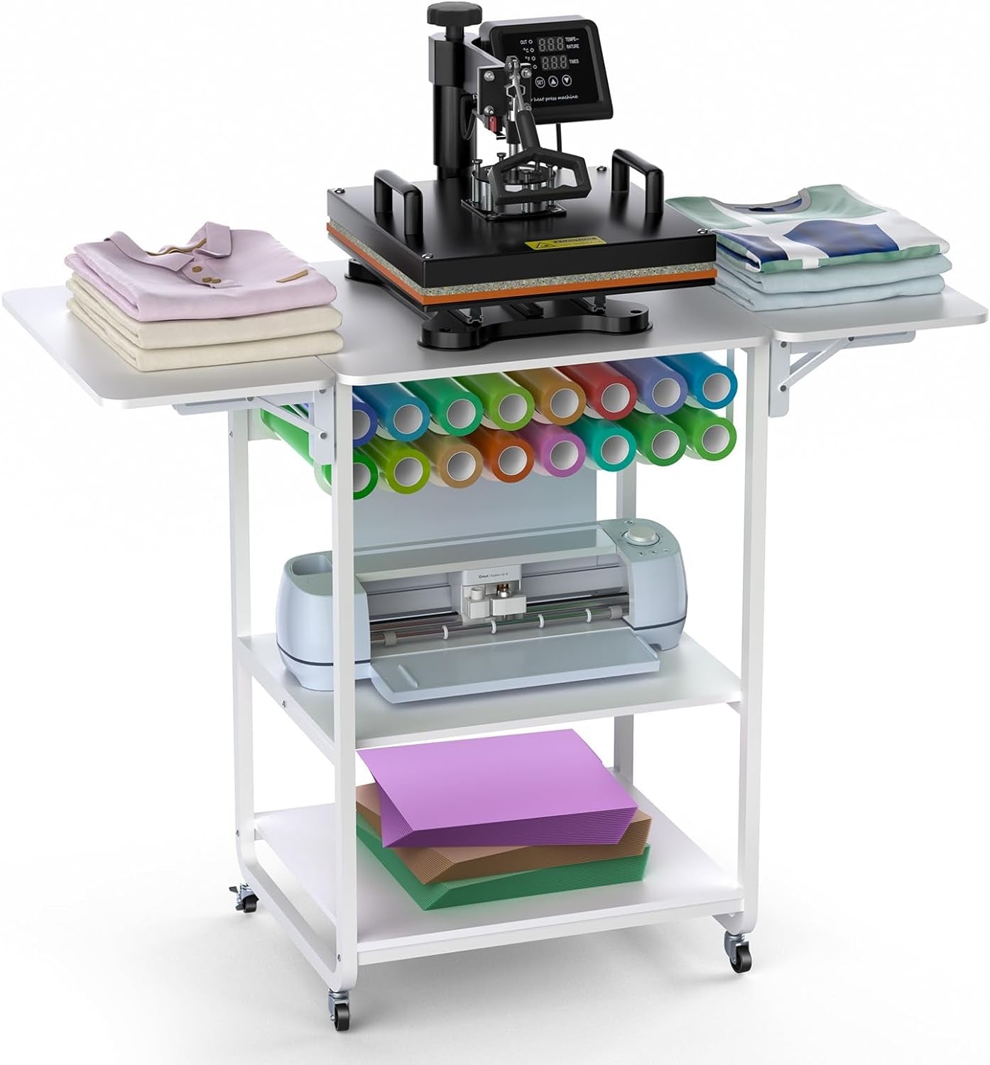 3 Tier Movable Heat Press Table, Foldable Heat Transfer Machine Stand with Vinyl Roll Holder, Heavy Duty Rolling Metal Workbench for DIY Sublimation Transfer Machine and Sublimation Printer