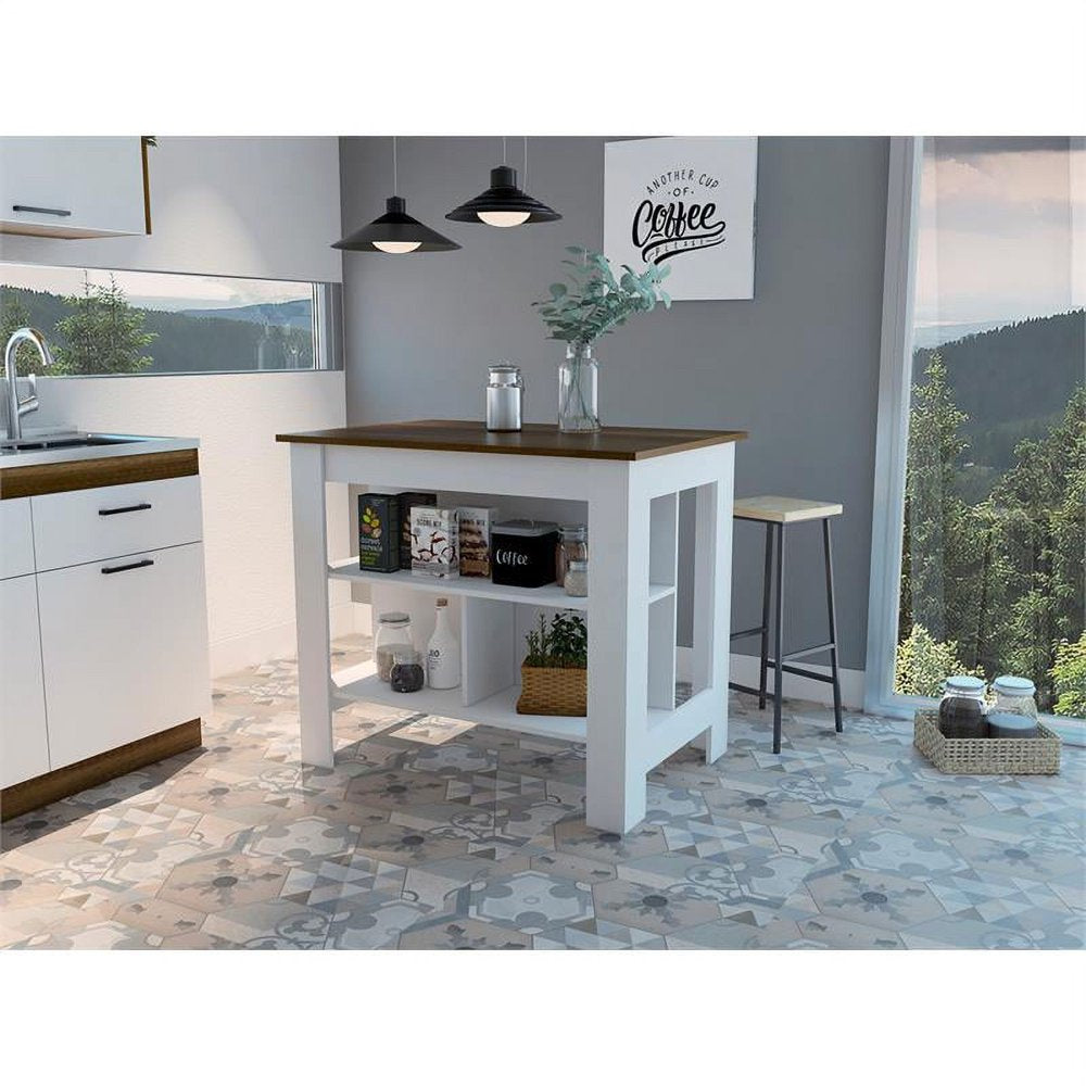 White Modern Engineered Wood Walnut Top Cala Kitchen Island