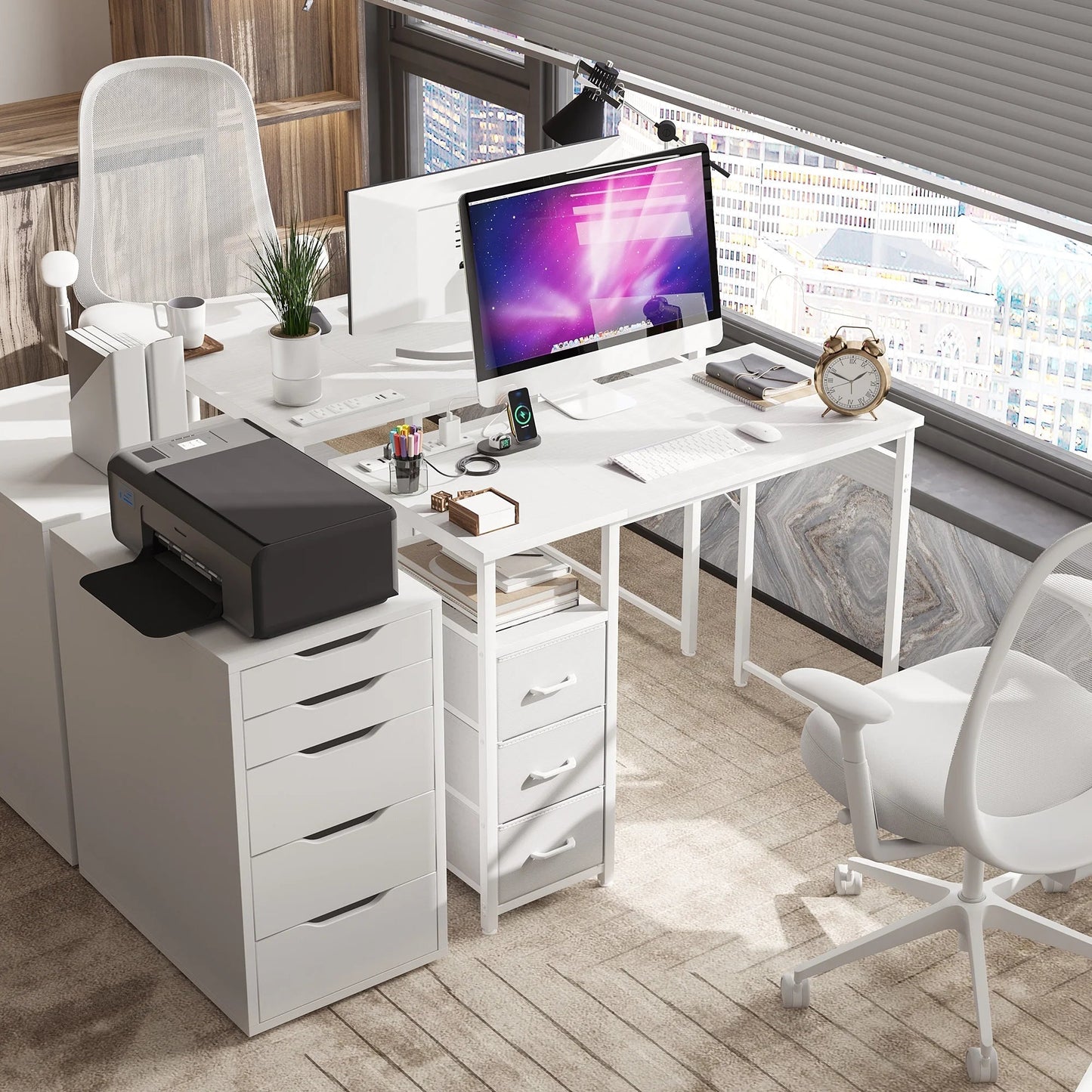 40 Inch Computer Desk with Power Outlets, Home Office Desk with 3 Drawers, Writing Desk with Removable Monitor Shelf, Pure White
