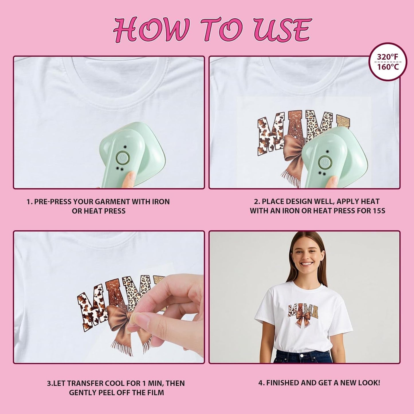 Dtf Transfers Ready to Press - 30Pcs Mother'S Day Iron on Transfers for Tshirts, Mama Bow Iron on Decals Patches, Pink Coquettee Heat Transfer Stickers for Clothes Pillows Bag DIY Crafts