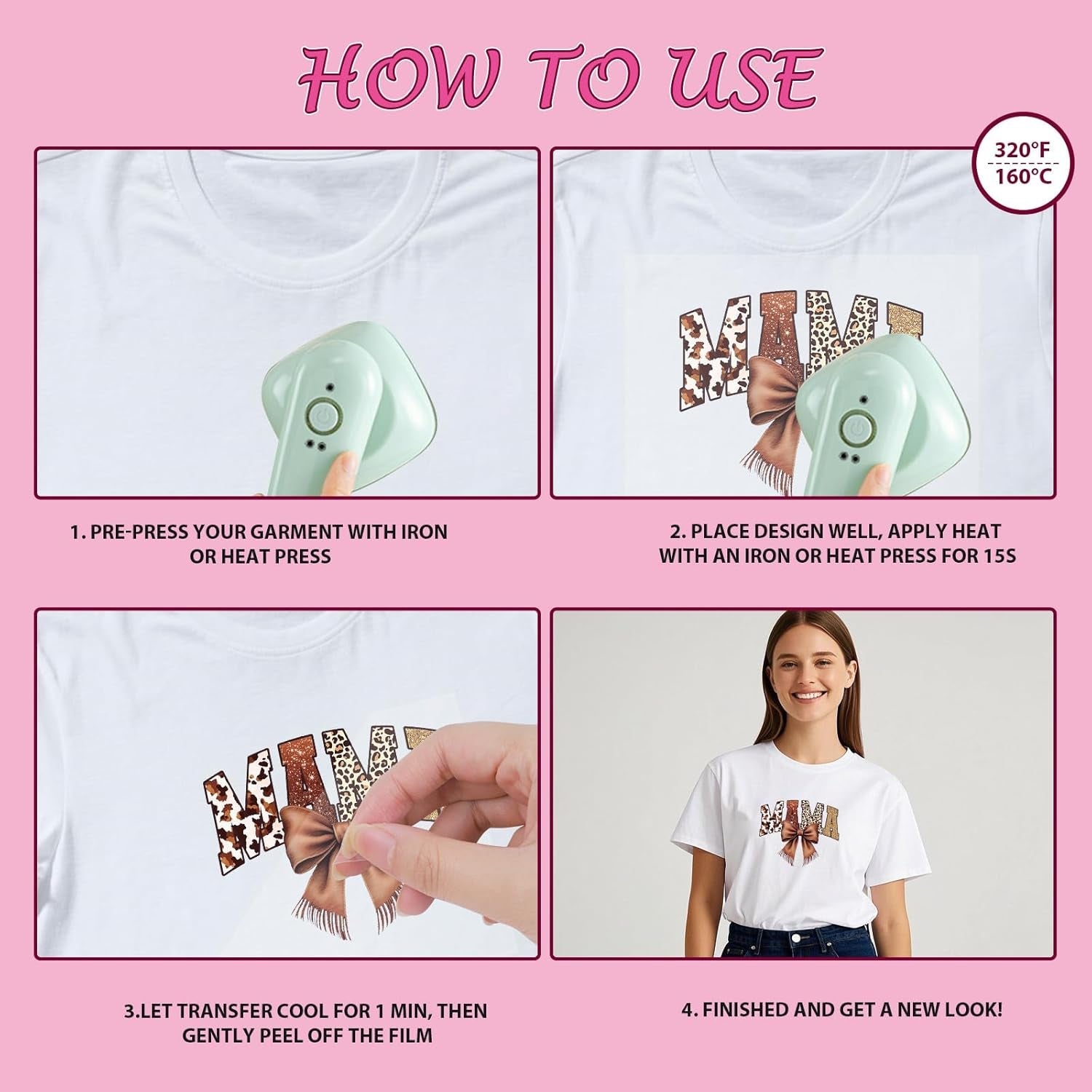 Dtf Transfers Ready to Press - 30Pcs Mother'S Day Iron on Transfers for Tshirts, Mama Bow Iron on Decals Patches, Pink Coquettee Heat Transfer Stickers for Clothes Pillows Bag DIY Crafts