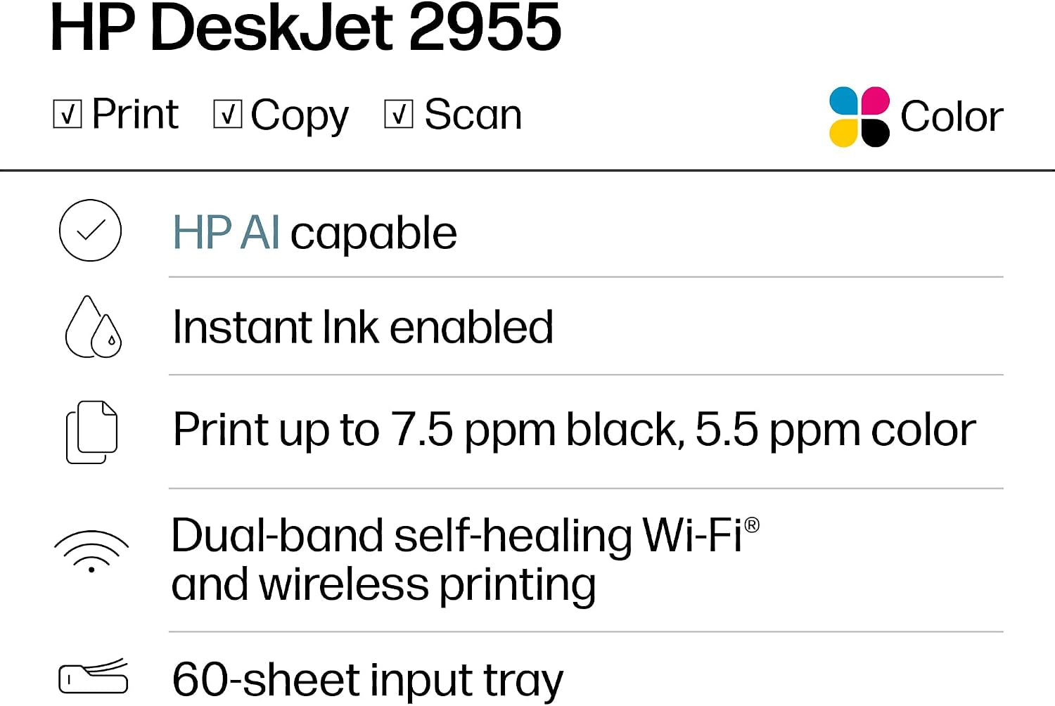 HP Deskjet 2955 Wireless All-In-One Color Inkjet Printer, Scanner, Copier, Best-For-Home, 3 Month Trial of Instant Ink Included, Ai-Capable (A24HJA)