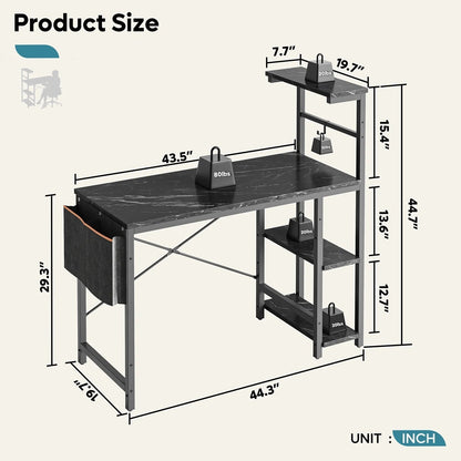 Reversible 44 Inch Computer Desk with LED Lights Gaming Desk with 4 Tier Shelves Black Marble
