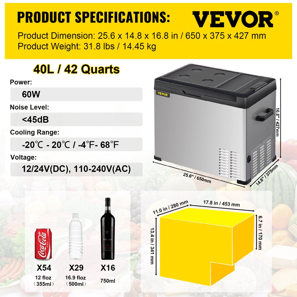 Portable Car Refrigerator 42 Qt, 12V Portable Freezer with Single Zone, 12/24V DC & 110-240V AC Electric Cooler with -4℉-68℉ Cooling Range, for Car Truck Vehicle RV Boat Outdoor & Home Use