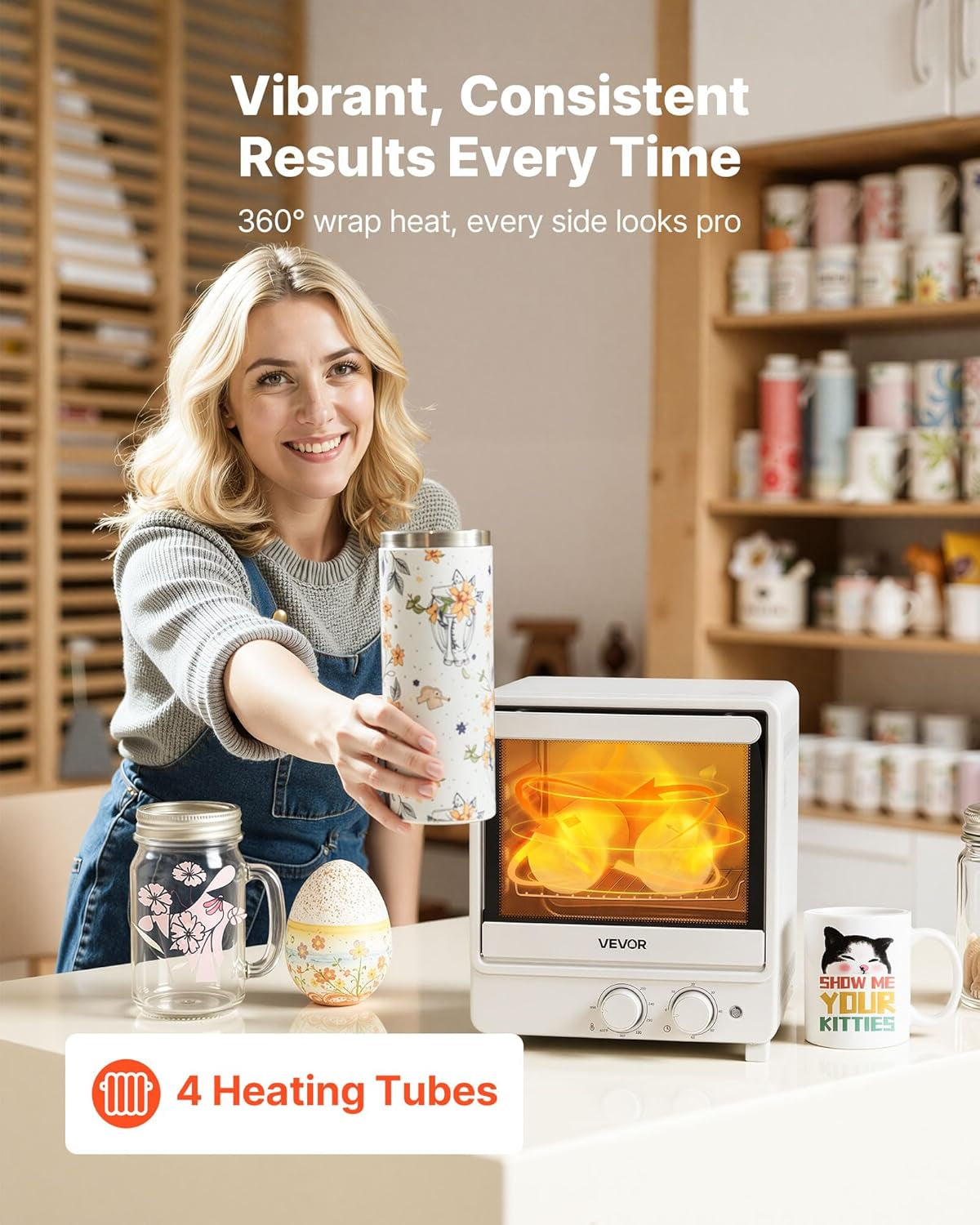 VEVOR Sublimation Oven Machine, 13 Qt, Fits 20Oz Tumblers, with 1 Heat Air Gun, 50 Shrink Films, 1 Tape and 2 Heat Gloves, Oven for Sublimation Blank Tumblers, Mugs, Bowls, Off-White