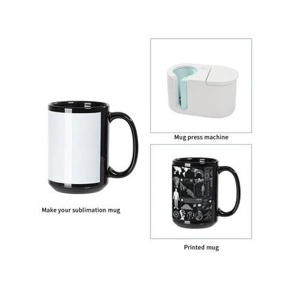 Sublimation Coffee Mugs Blank Black with White Patch 15 OZ 8 Pack