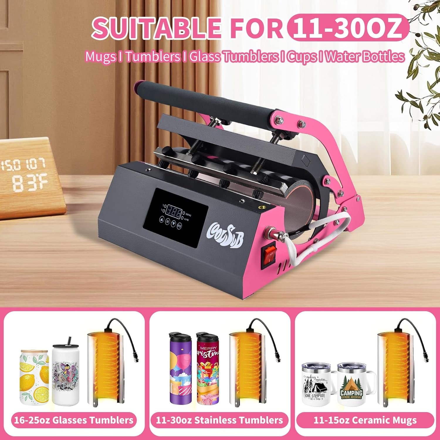 Tumbler Heat Press Machine, Mug Press Machine for 30Oz 20Oz, Sublimation Blank Skinny Tumbler Glass Jar Can 11-16Oz Mugs, Heat Transfer Print for Sublimation Tumblers, Cups, Mugs Hot Pink