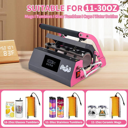 Tumbler Heat Press Machine, Mug Press Machine for 30Oz 20Oz, Sublimation Blank Skinny Tumbler Glass Jar Can 11-16Oz Mugs, Heat Transfer Print for Sublimation Tumblers, Cups, Mugs Hot Pink