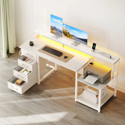 55 Inch Computer Desk with USB Ports and Power Outlets, Printer Shelf & Built-In LED, 4 Drawers & Storage Shelf, Home Office Desks, White