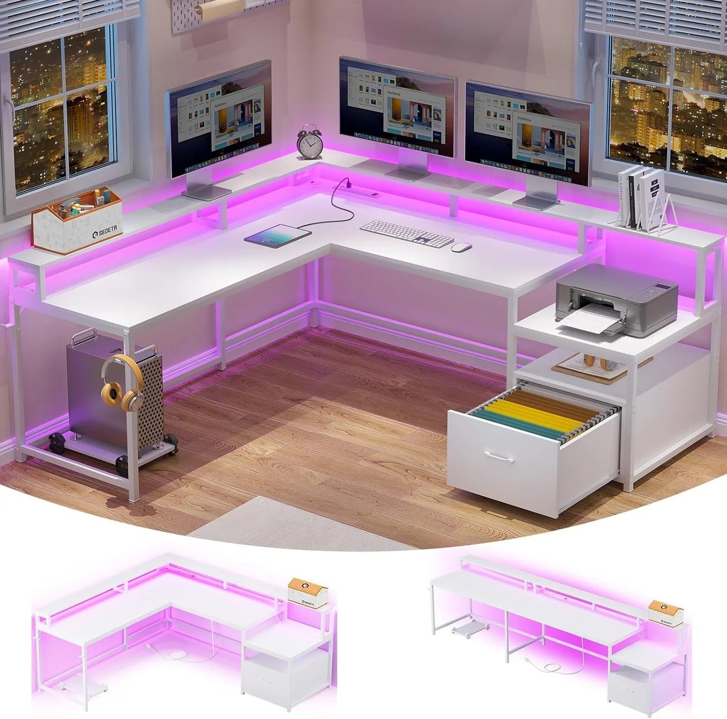 L Shaped Desk with LED Lights, Corner Computer Desk with File Drawer and Power Outlet, Gaming Desk for Home Office, White