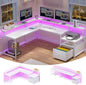 L Shaped Desk with LED Lights, Corner Computer Desk with File Drawer and Power Outlet, Gaming Desk for Home Office, White
