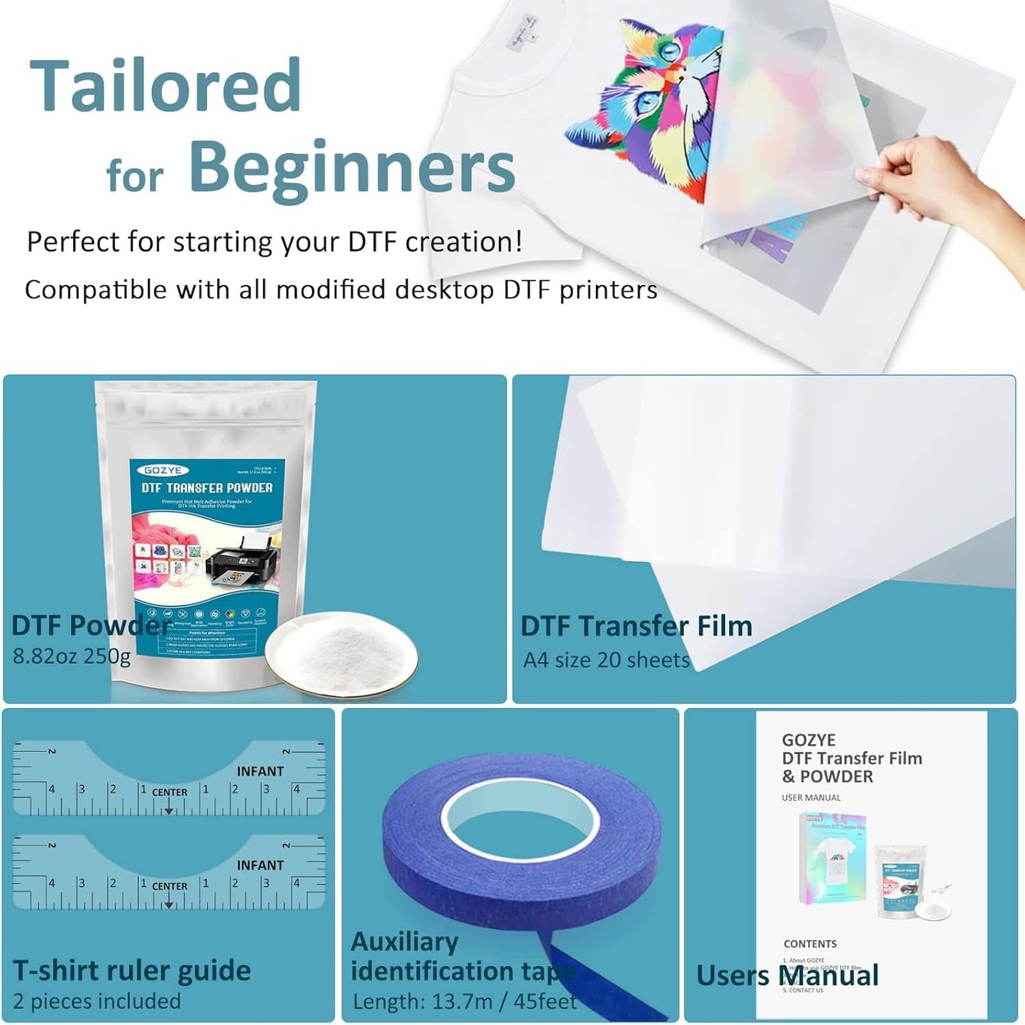 DTF Transfer Film and DTF Powder Set, DTF Film Starter Kit for DTF Printer, 20 Sheets A4 PET Film,8.8 Oz Hot Melt Powder,45 Ft Recognition Tape,2Pcs T-Shirt Ruler Guide for Printing on T-Shirts