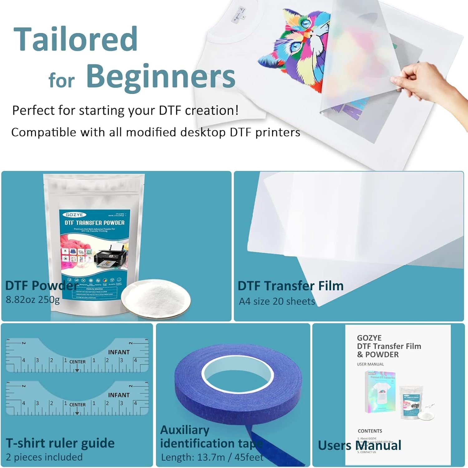 DTF Transfer Film and DTF Powder Set, DTF Film Starter Kit for DTF Printer, 20 Sheets A4 PET Film,8.8 Oz Hot Melt Powder,45 Ft Recognition Tape,2Pcs T-Shirt Ruler Guide for Printing on T-Shirts