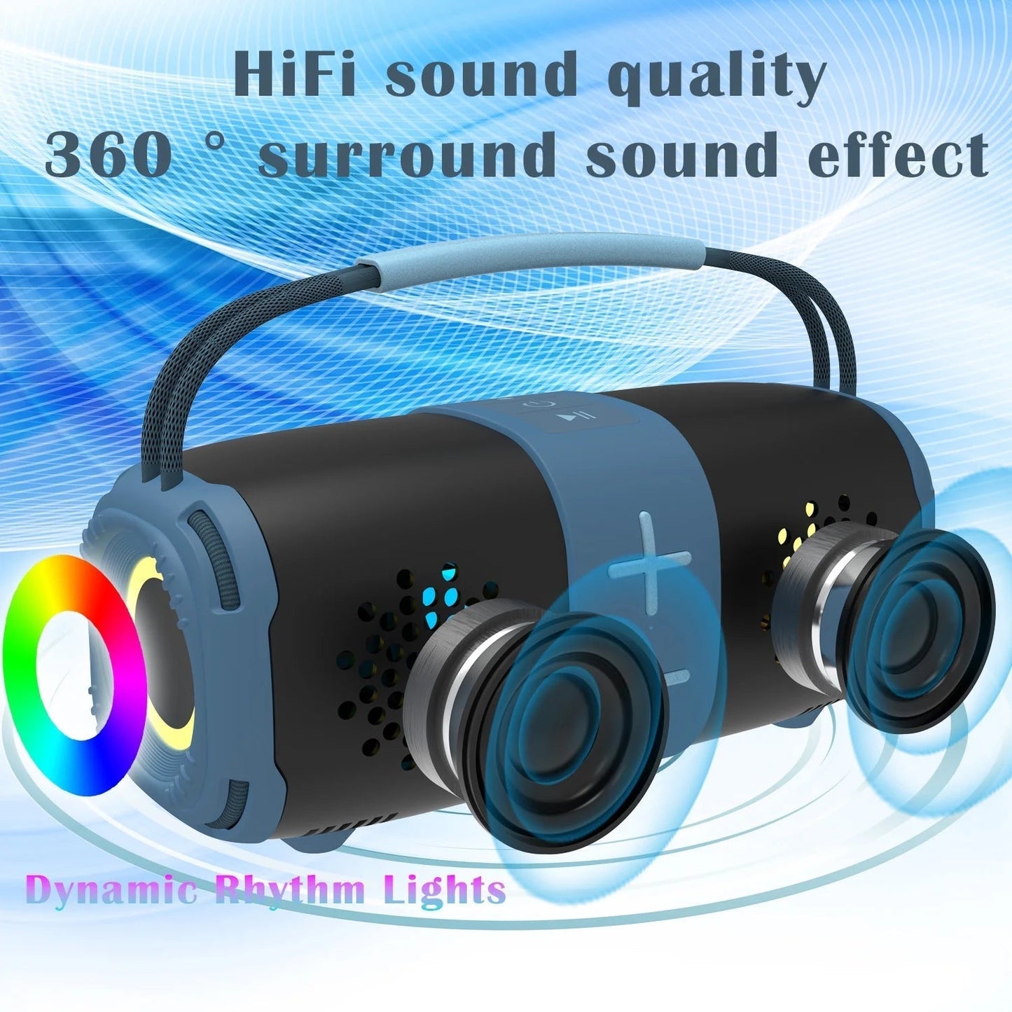 Portable Bluetooth 5.3 Speaker,Wireless Speaker with Dynamic LED Lights and Powerful 360° Sound,Tws Pairing,Outdoor Music Party Show,Blue