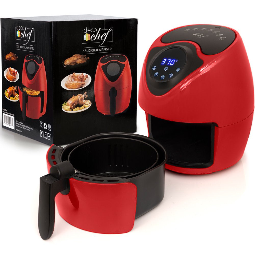 XL 14.5 Cup 3.7 QT Digital Air Fryer Cooker with 7 Smart Programs, Healthy Oil Free Cooking, LED Touch Screen, Non-Stick Coated Basket, Timer, and Cookbook (Red)