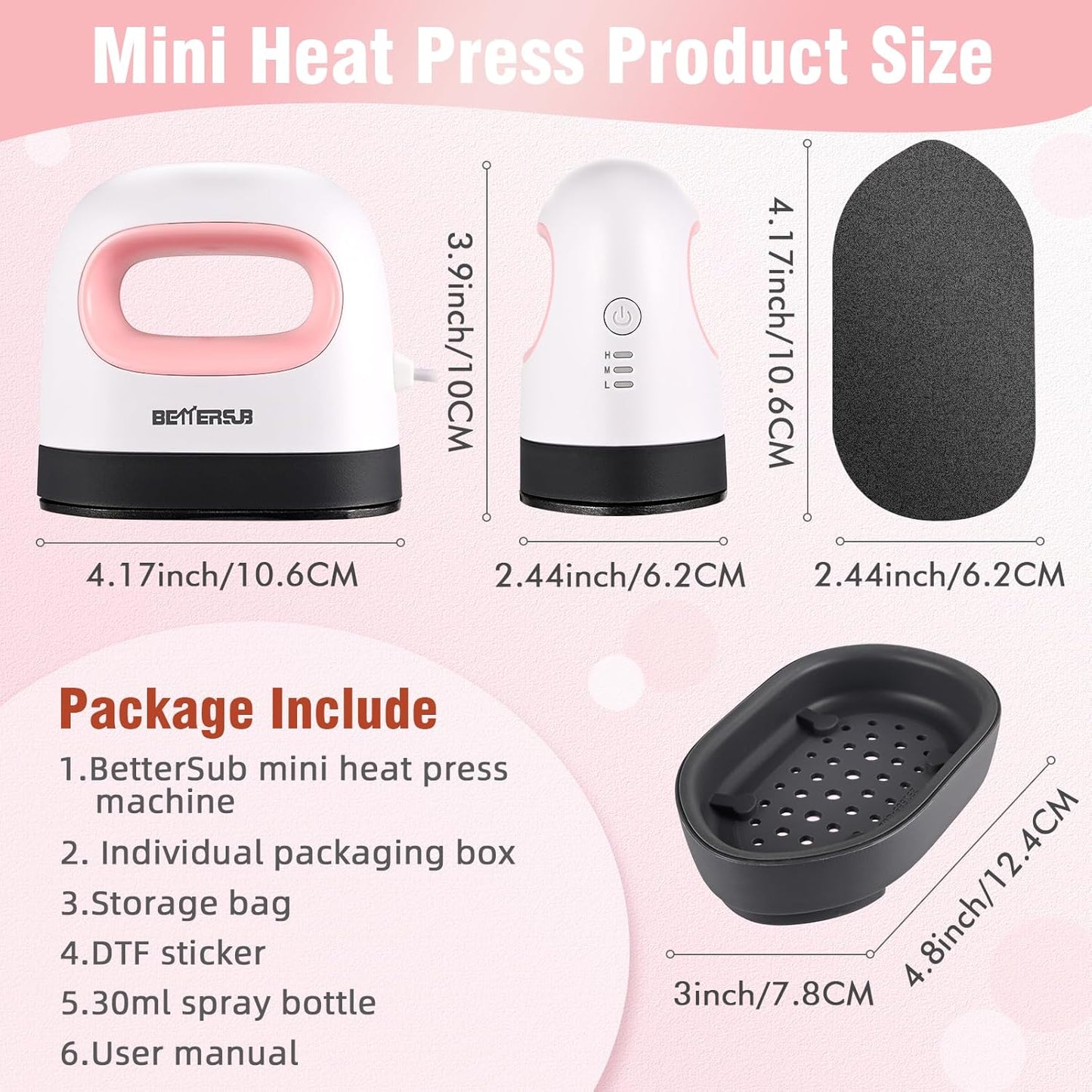 Bettersub Mini Heat Press Machine, Small Heat Press Portable Iron Press Machine, Sublimation and HTV Vinyl Shirt Press Machine for Hat, Bags, Heating Transfer Small Projects (Pink)