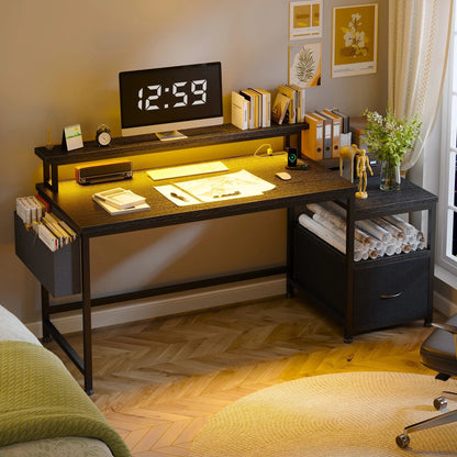 56.5" Computer Desk with Monitor Stand, Office Desk with Fabric File Cabinet, Gaming Computer Desk for Home Office Bedroom, Black
