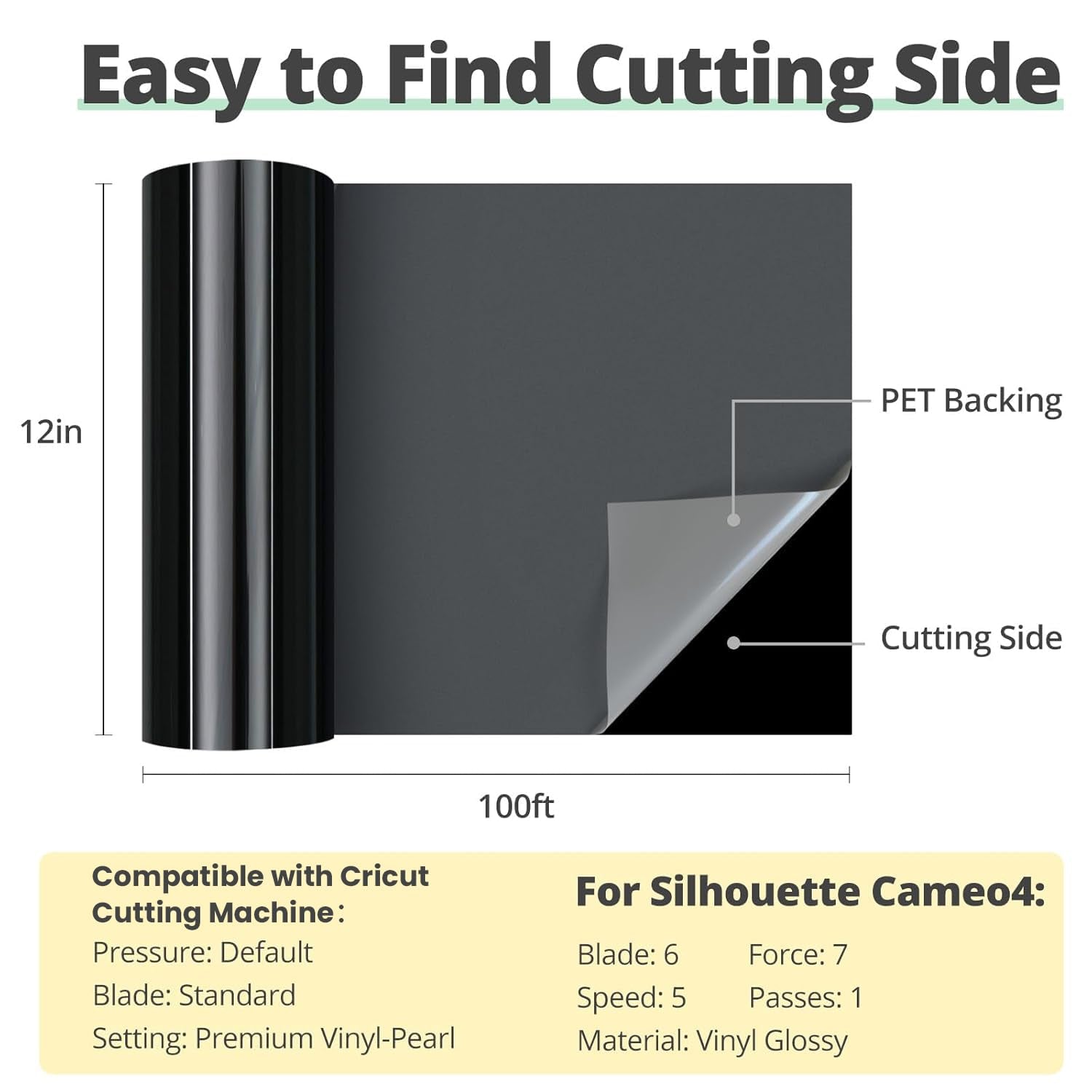 Black Permanent Vinyl, 12" X 100 FT Glossy Black Permanent Adhesive Vinyl Roll Compatible with Cricut Cutting Machine Silhouette, Cameo Cutters, Signs, Scrapbooking, Craft, Die Cutters