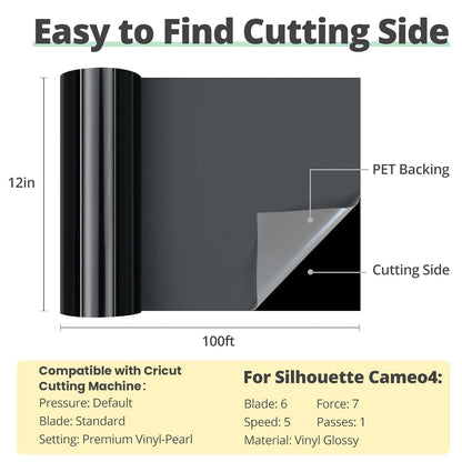 Black Permanent Vinyl, 12" X 100 FT Glossy Black Permanent Adhesive Vinyl Roll Compatible with Cricut Cutting Machine Silhouette, Cameo Cutters, Signs, Scrapbooking, Craft, Die Cutters