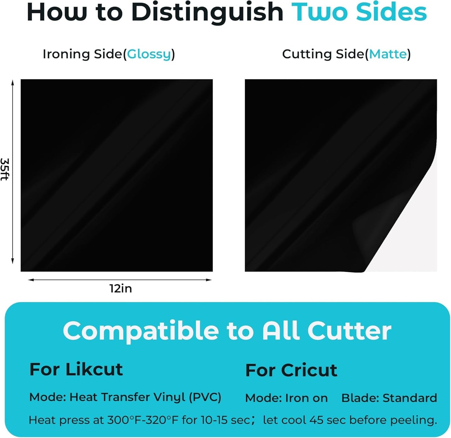 Heat Transfer Vinyl Black for T-Shirts 12" X 35Ft Iron on Vinyl Roll Compatible All Cutter Machine, HTV Heat Press Vinyl-Easy to Cut & Weed for Fabric Design