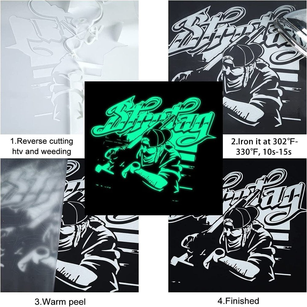 12" X 8FT Glow in the Dark White to Blue Green Heat Transfer Vinyl Iron on T-Shirt for Cricut & All Cutter Machine