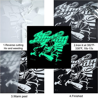 12" X 8FT Glow in the Dark White to Blue Green Heat Transfer Vinyl Iron on T-Shirt for Cricut & All Cutter Machine
