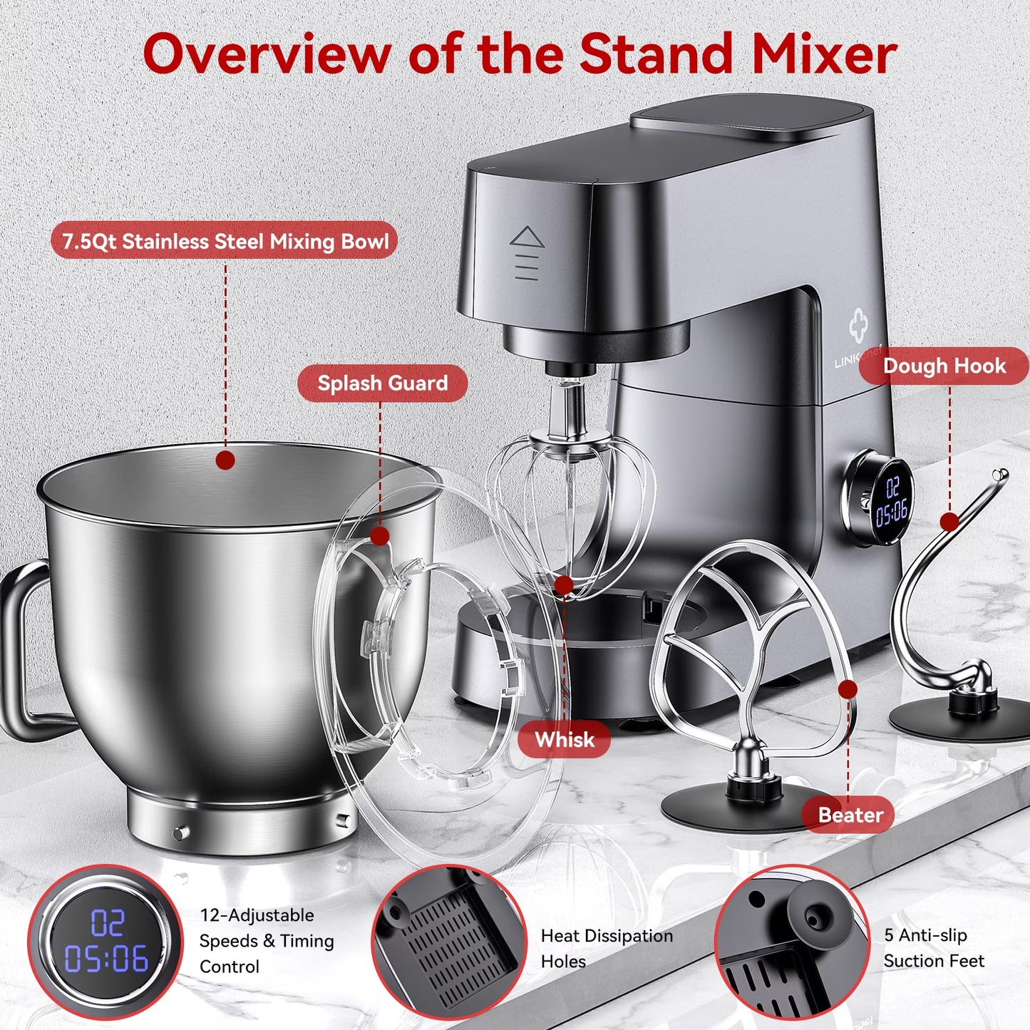 7.5 QT Stand Mixer, 800W 12-Speed Tilt-Head Food Mixer, Kitchen Electric Mixer with Dough Hook, Wire Whip & Beater