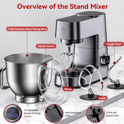 7.5 QT Stand Mixer, 800W 12-Speed Tilt-Head Food Mixer, Kitchen Electric Mixer with Dough Hook, Wire Whip & Beater