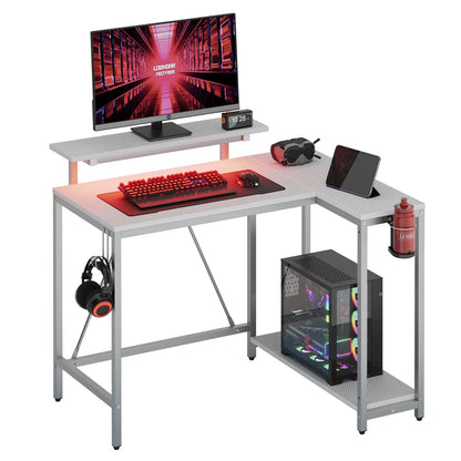 42" Small Corner Computer Desk with Monitor Stand, Cup Holder& Headset Hooks, Home Office, Carbon Fiber Gray